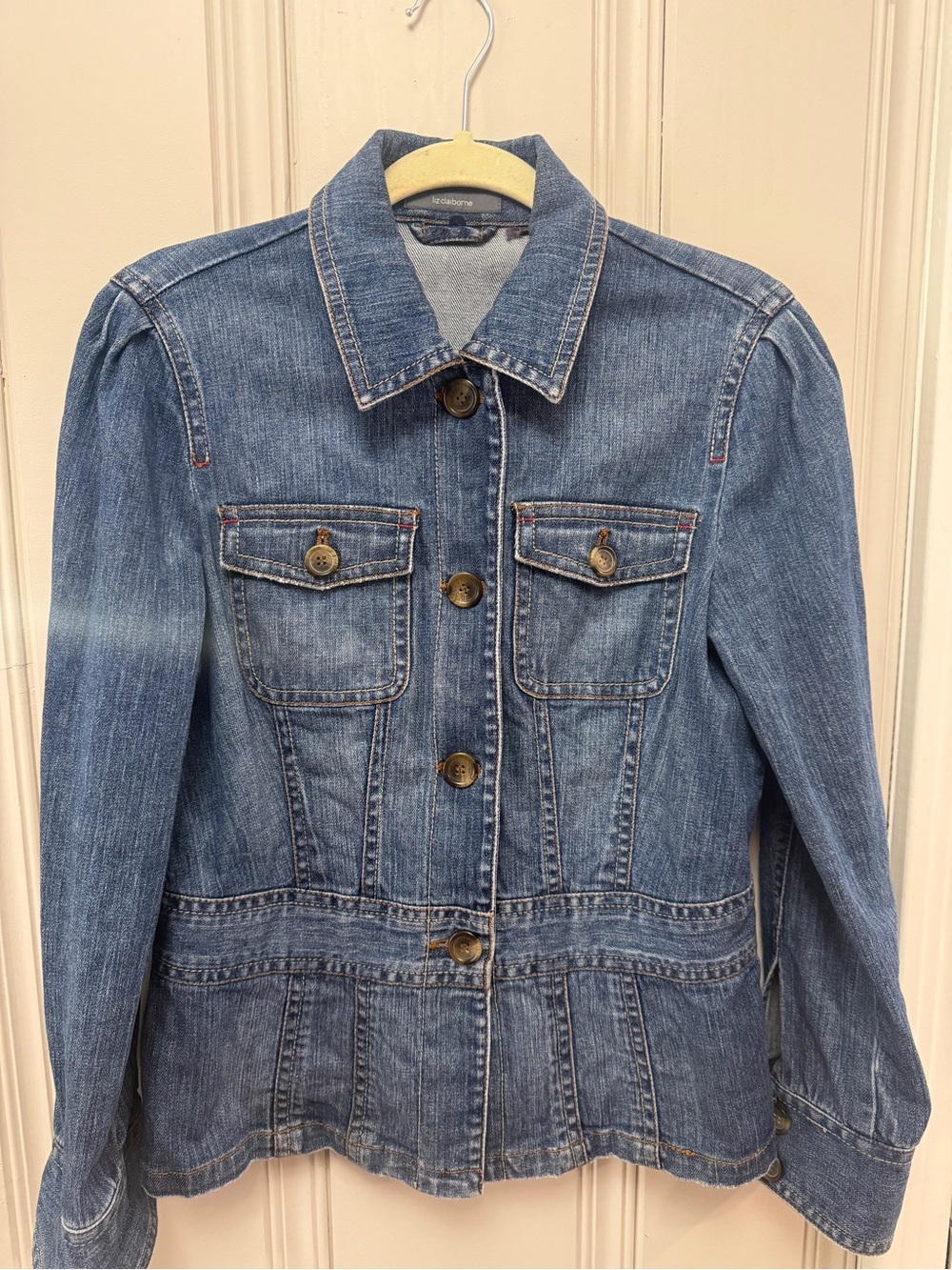 Liz Claiborne Women’s Denim Jacket | Medium Wash | Peplum Waist | Button Front